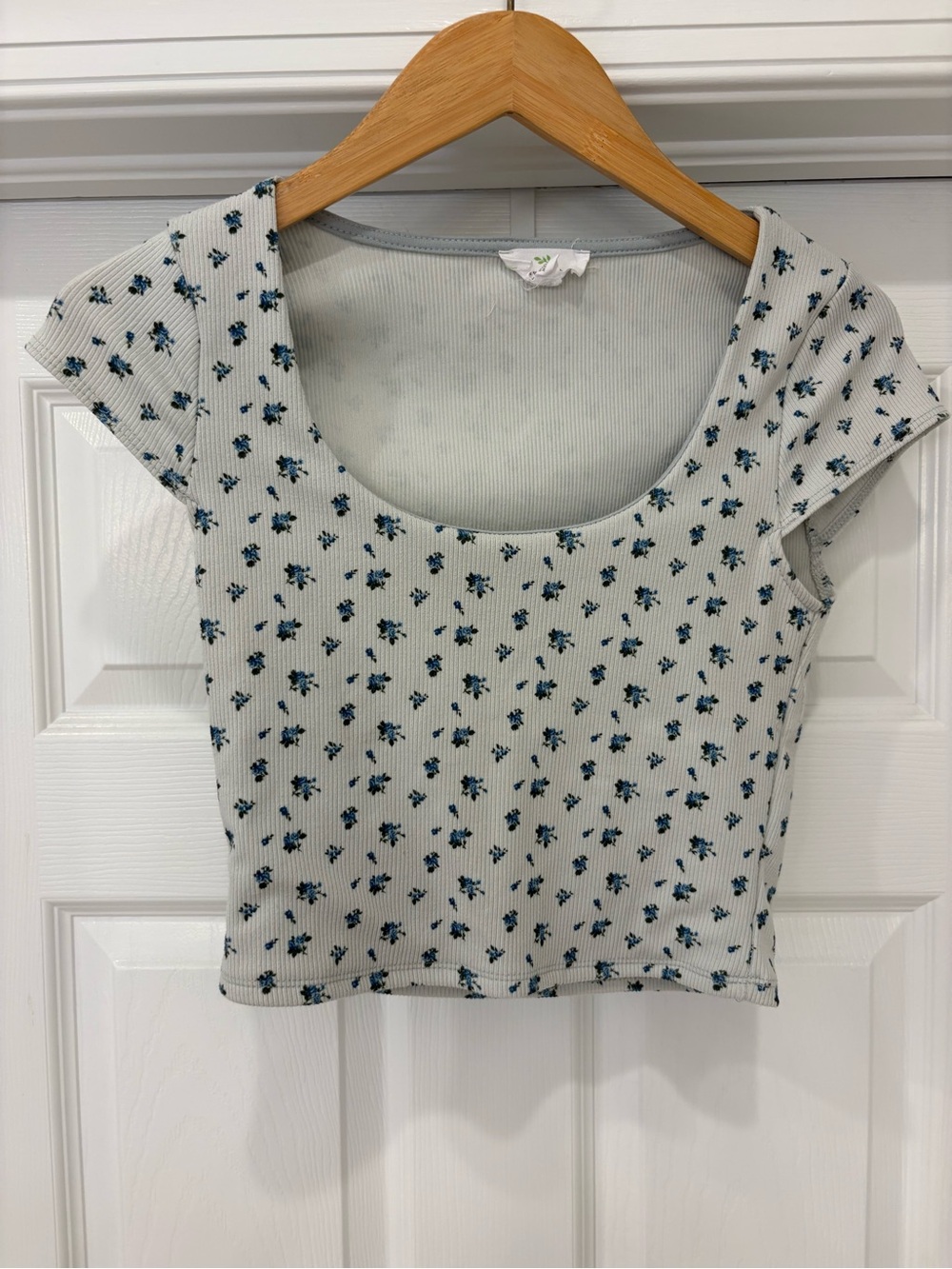 Floral Scoop Neck Crop Top in Light Gray and Blue